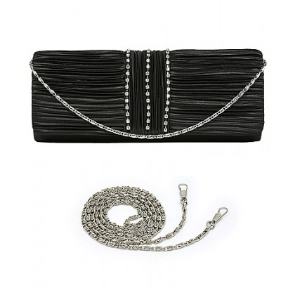 Evening Bag - 12 PCS - Satin Pleated w/ 3 Liner Clear Stone - Black - BG-EBS1132BK